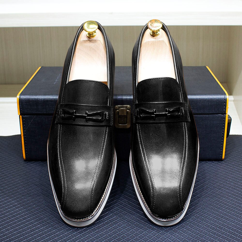 Mens Casual Shoes Genuine Leather Metal Buckle Loafer Handmade Comfortable Flat