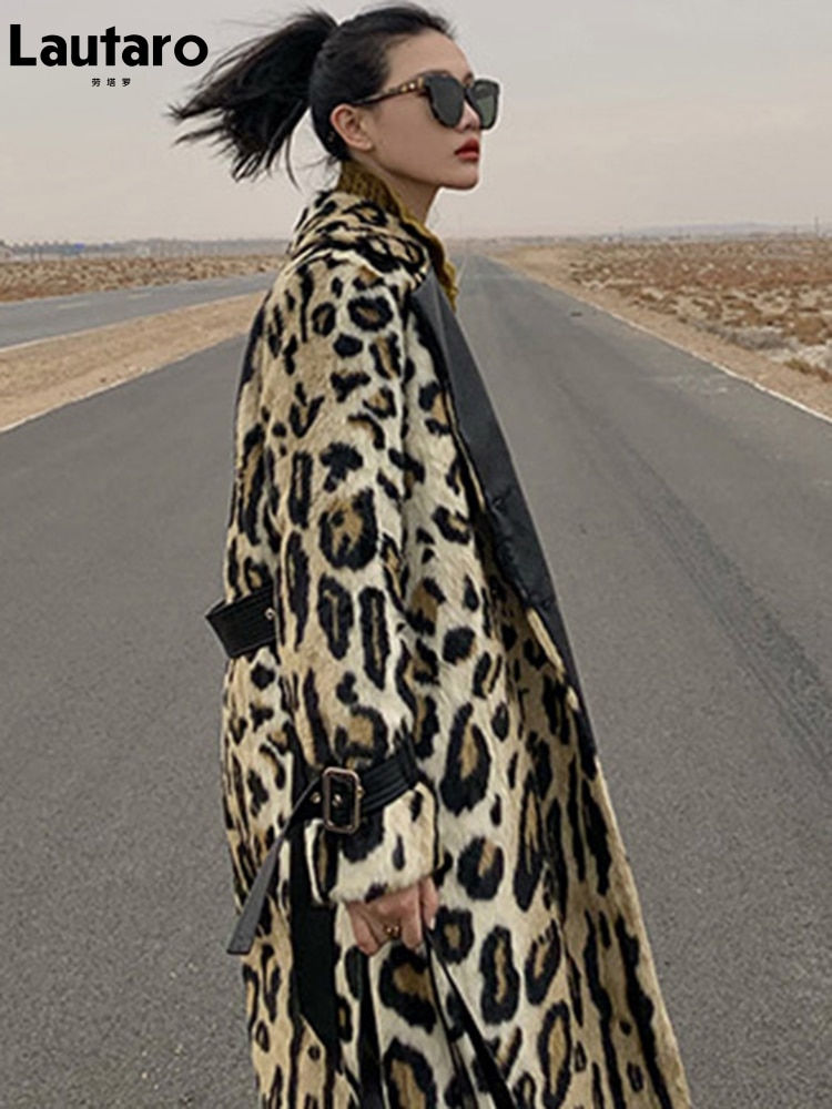 Miniatura: Lautaro Winter Long Leopard Print Warm Fluffy Faux Fur Trench Coat for Women Lo