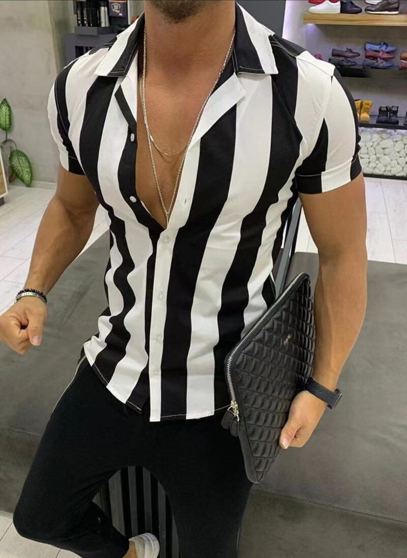 الصورة المصغرة: Mens Short Sleeve Collarless Striped Printed Casual Shirts Henley Tee Blouse Bu