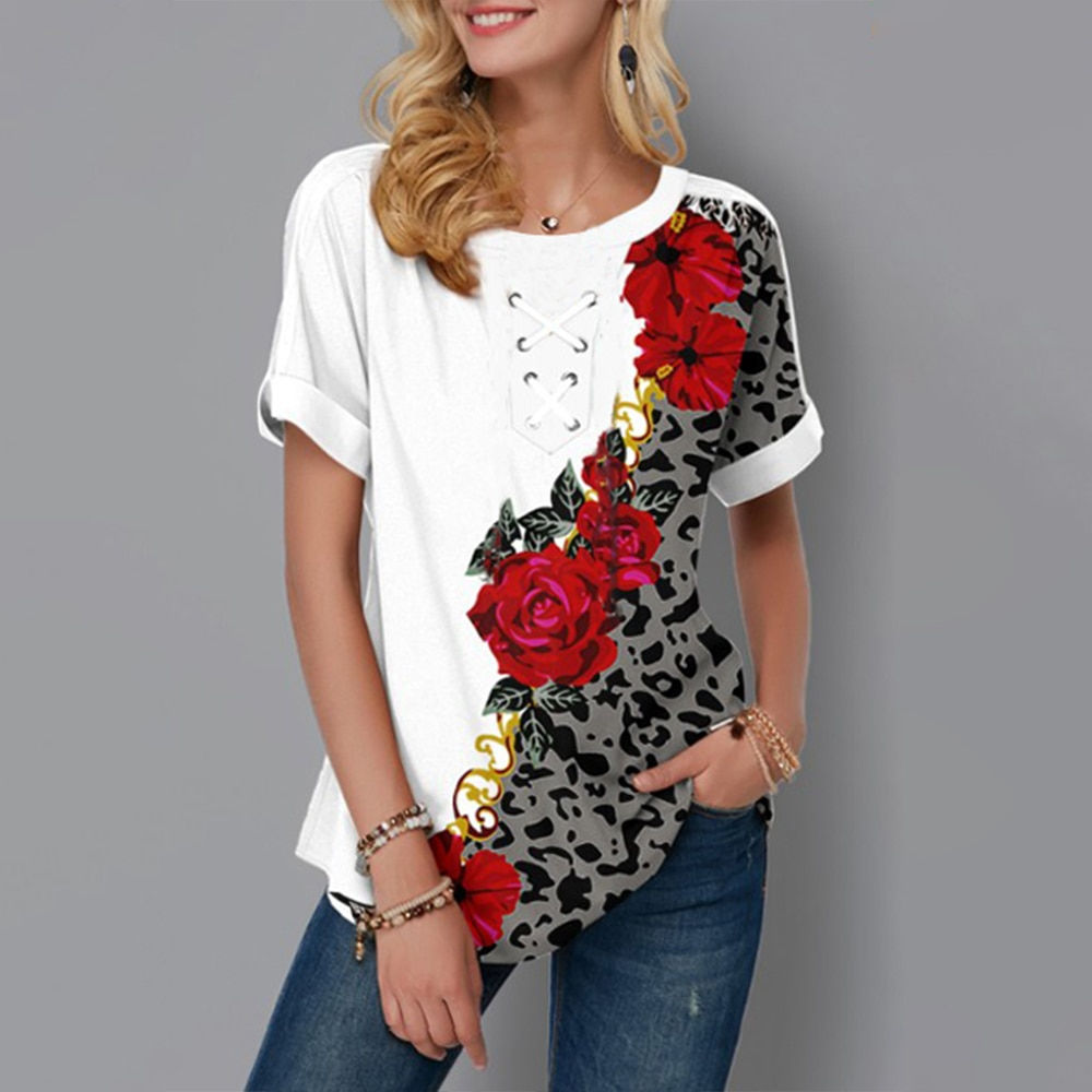 T-shirt Women Gradient Floral Print Short Sleeve Tees Harajuku Clothes Summer O