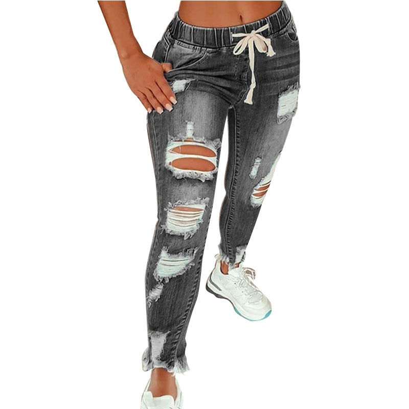 Thumbnail: Women Ripped Elastic Waist Jeans Fashion Slim High Stretch Denim Pencil Pants L