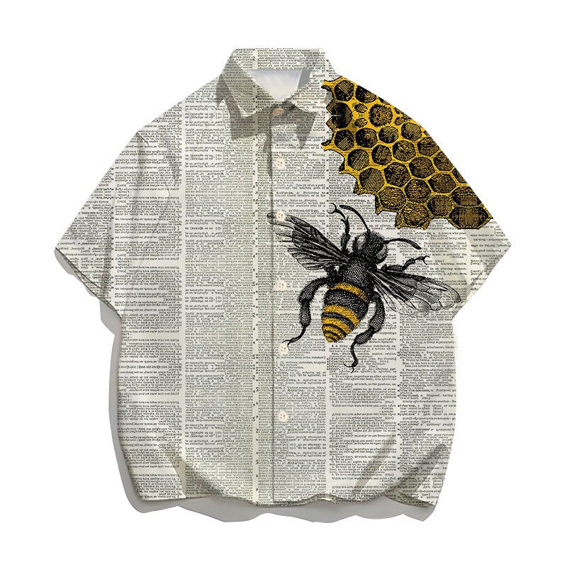 Thumbnail: New Fashion Men's Shirts Newspaper Bee Print Lapel Hawaiian Shirts Street Style