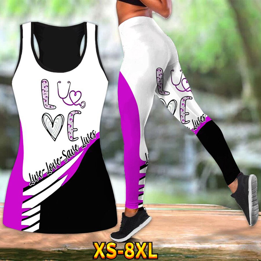 Thumbnail: Beautiful Nurse 3D Print Combo Tank Legging Summer Casual Yoga Pants Fitness Gi