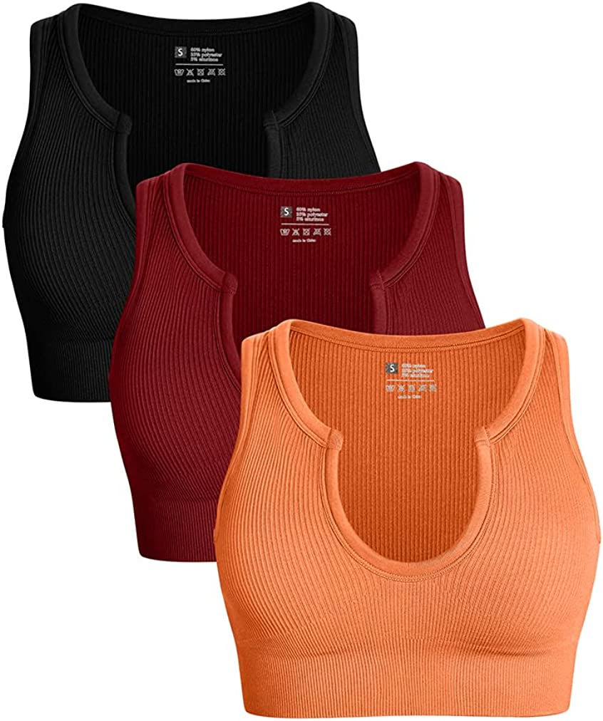 Thumbnail: OQQ Women's 3 Piece Medium Support Crop Top Seamless Ribbed Removable Cups Work