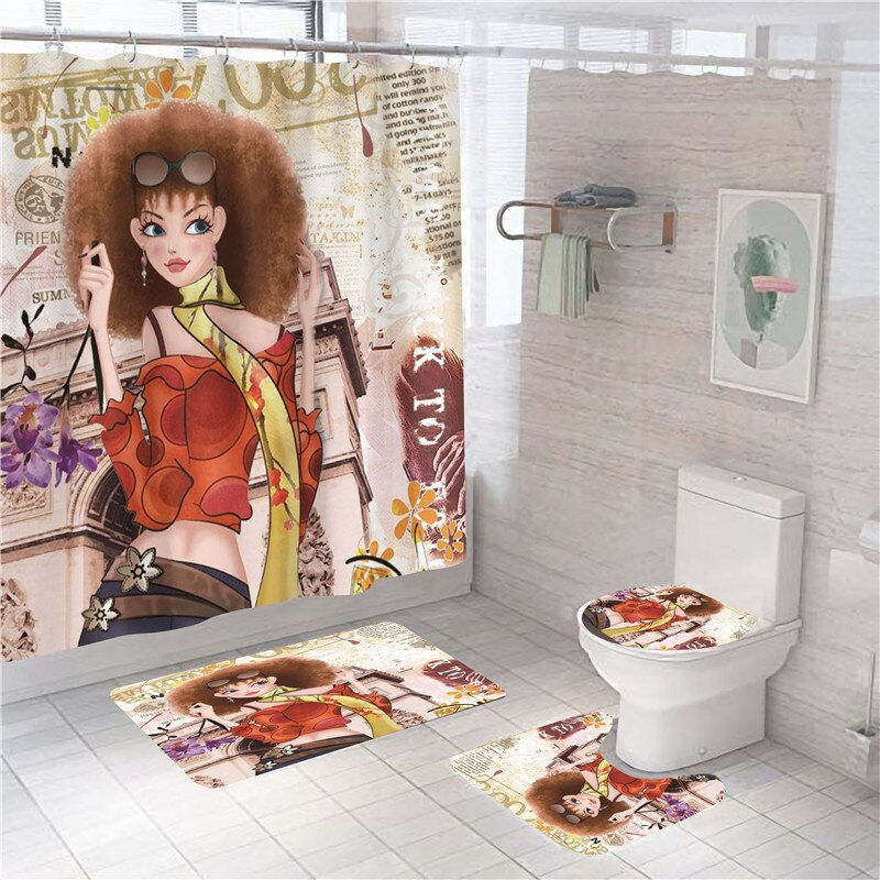 Thumbnail: Graffiti Black African Women Shower Curtain with Hooks American Bathroom Curtai
