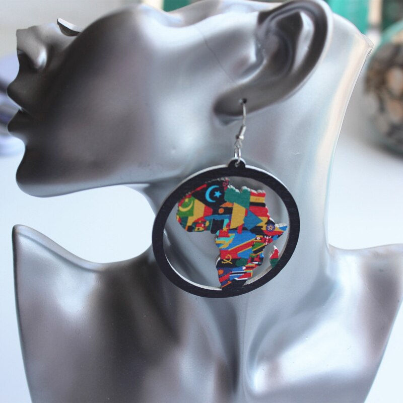 Thumbnail: 6cm Tribal Unfinished Wood Colorful Africa Map Hollow Out Drop Earring Handmade