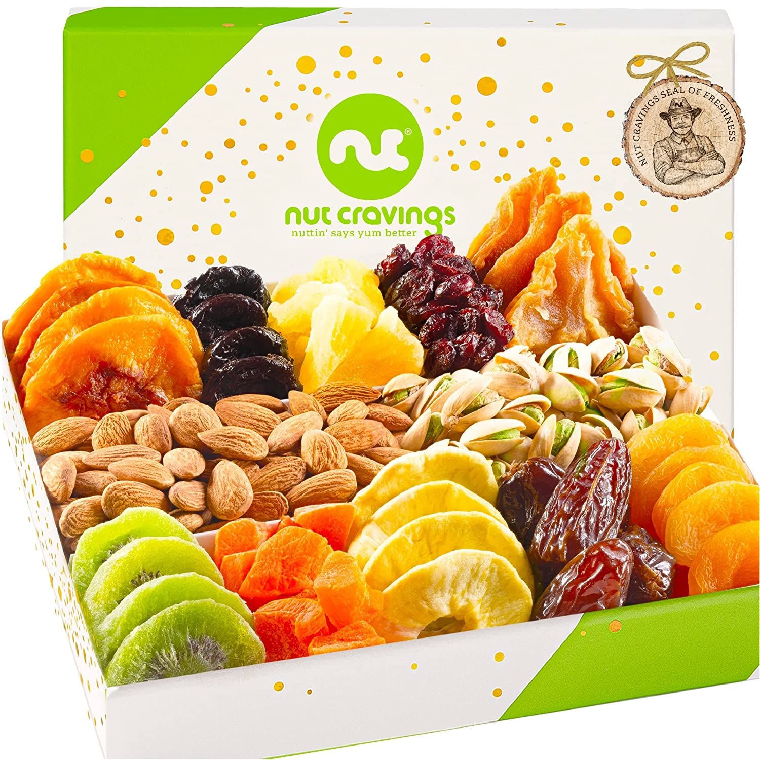 Dried Fruit & Nuts Gift Basket in White Box (12 Assortments) Premium Gourmet Bo
