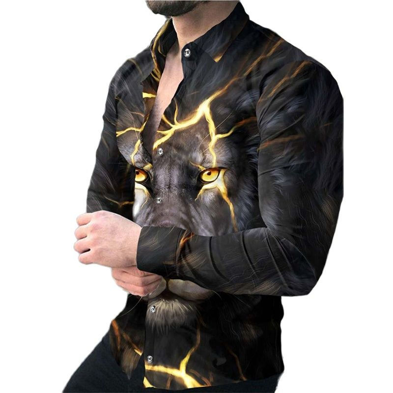 Thumbnail: Fashion Print Shirt Men's Long Sleeve Lion Wolf Graphic Print Tops Harajuku Ani