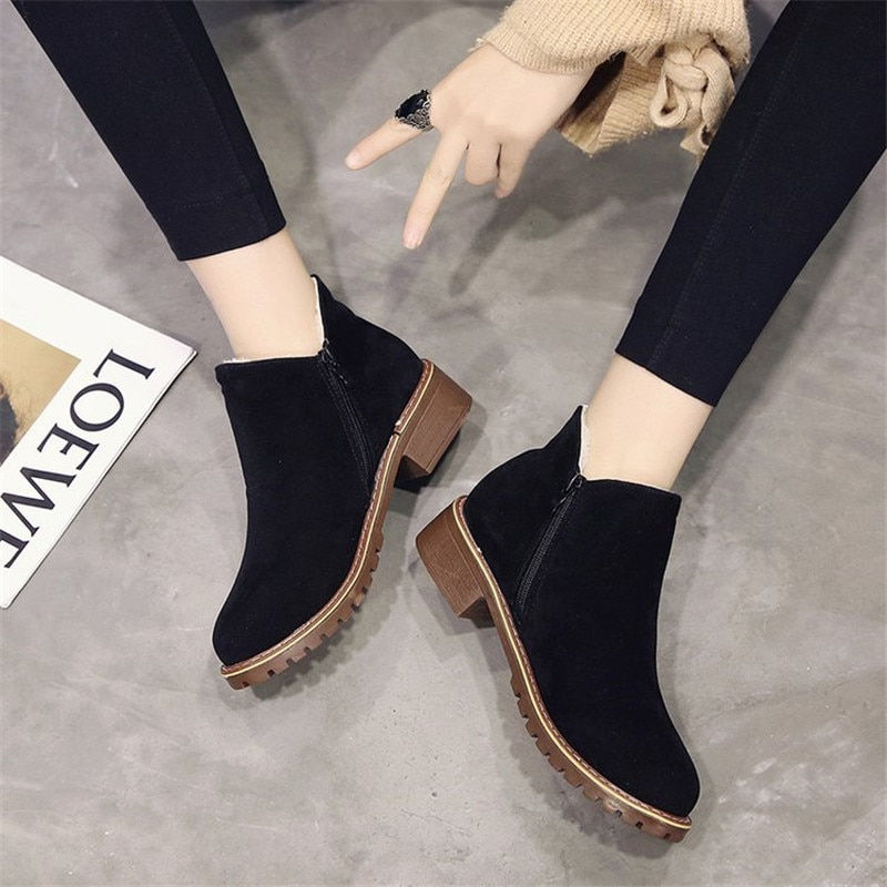 Thumbnail: NEW Women Party Boots Autumn Winter Boots Flock Classic Zipper Snow Ankle Boots