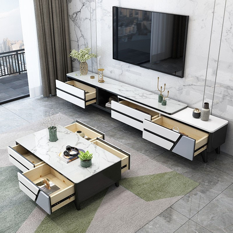 Thumbnail: White Coffee Table TV Cabinet Combination Nordic Modern Tv Stand Simple Solid W
