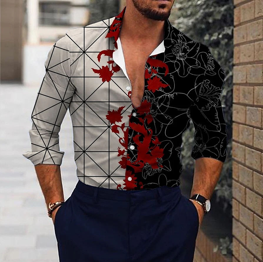 Thumbnail: Summer Autumn Vintage Men's Tops 2023 Casual Floral Geometric Totem Printing Lo