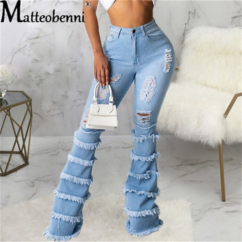 Thumbnail: 2021 Sexy Jeans Women High Waist Stretch Denim Pants Washed Destroyed Holes Rip