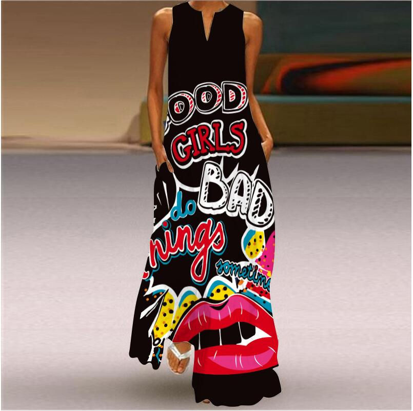 Thumbnail: Summer Women's Fashion Sexy Retro Print V-neck Sleeveless Long Dress with Pocke