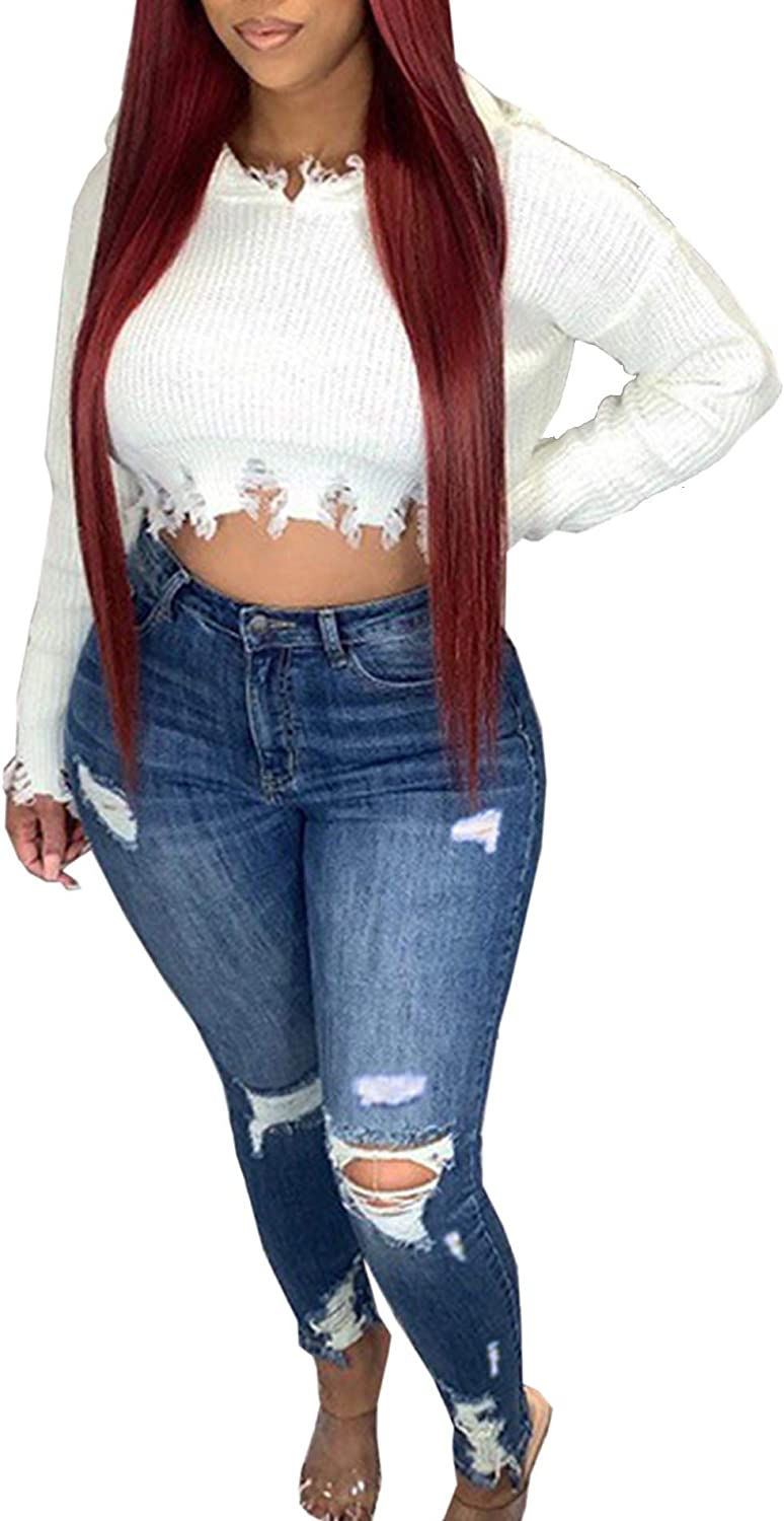 Thumbnail: Sexyshine Women's High Waisted Skinny Destroyed Ripped Hole Denim Pants Long St