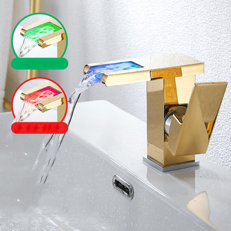 Thumbnail: LED Basin Faucet Brass Waterfall Faucet Temperature Colors Change Bathroom Cold