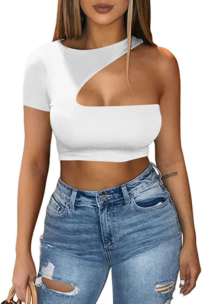 Thumbnail: BEAGIMEG Women's Sexy Summer One Shoulder Cutout Crop Top Solid T Shirt