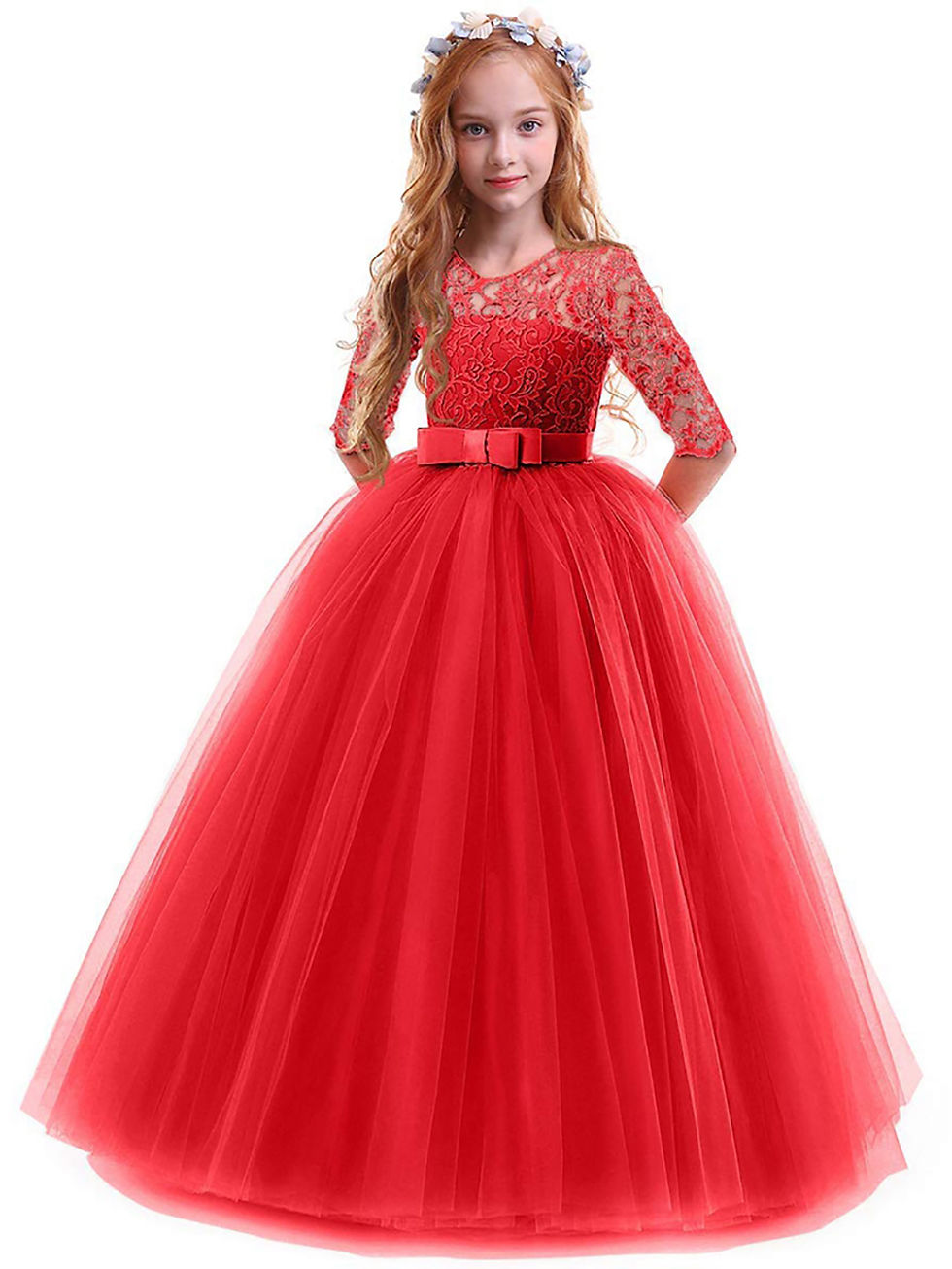 Thumbnail: 5-14Y Flower Girl Lace Full- Length Dress for Kids Wedding Bridesmaid Pageant P