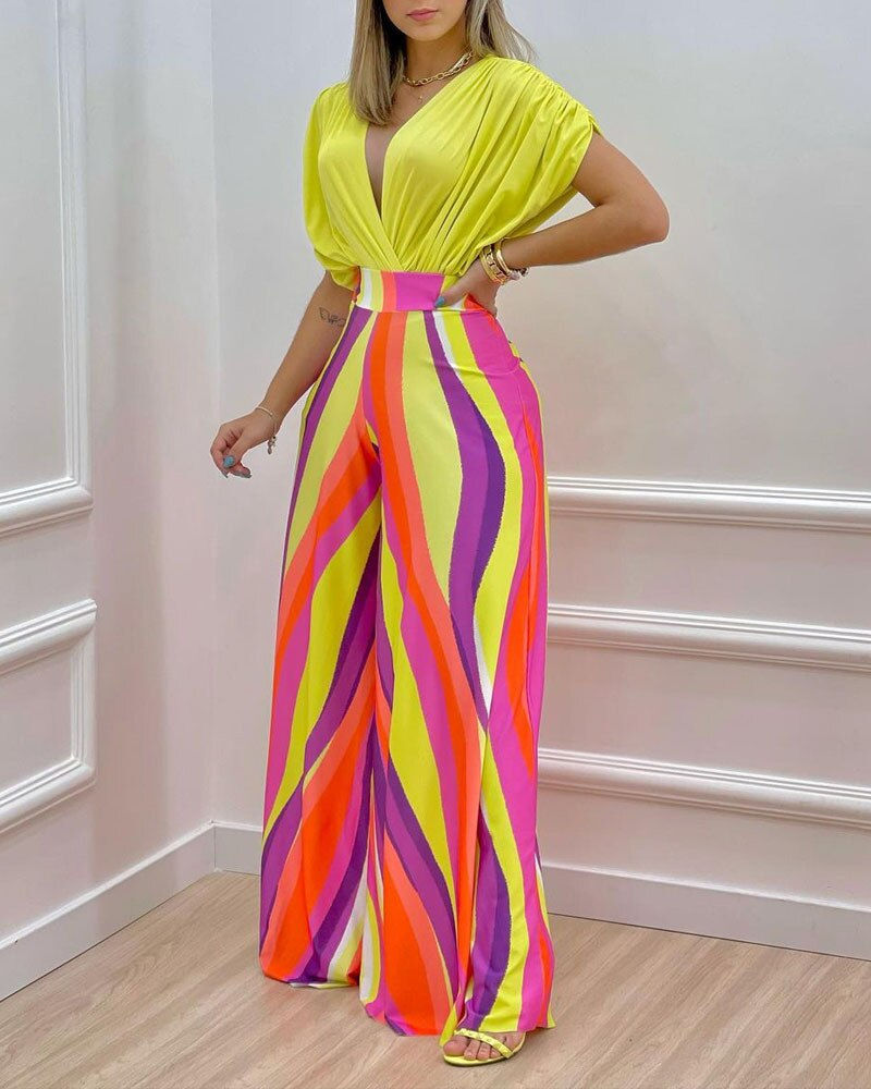 Thumbnail: Summer Women's Set Fashion Sexy V-neck Printed Short Sleeve Top Wide Leg Pants 