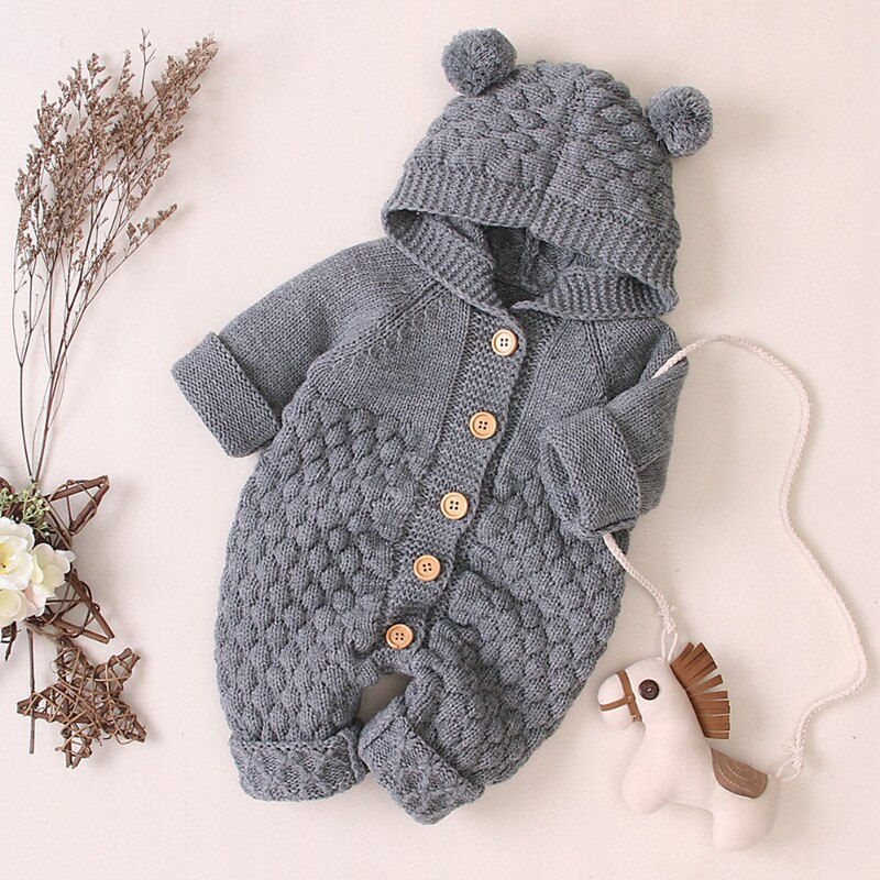 Thumbnail: Knitted clothing with foot and hood baby clothes with fur collar for winter out