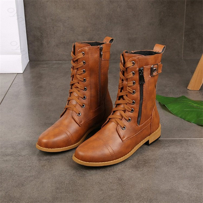 Thumbnail: New Plus Size Retro Women Western Boot Punk Lace Up Buckle Motorcycle Boots Zip