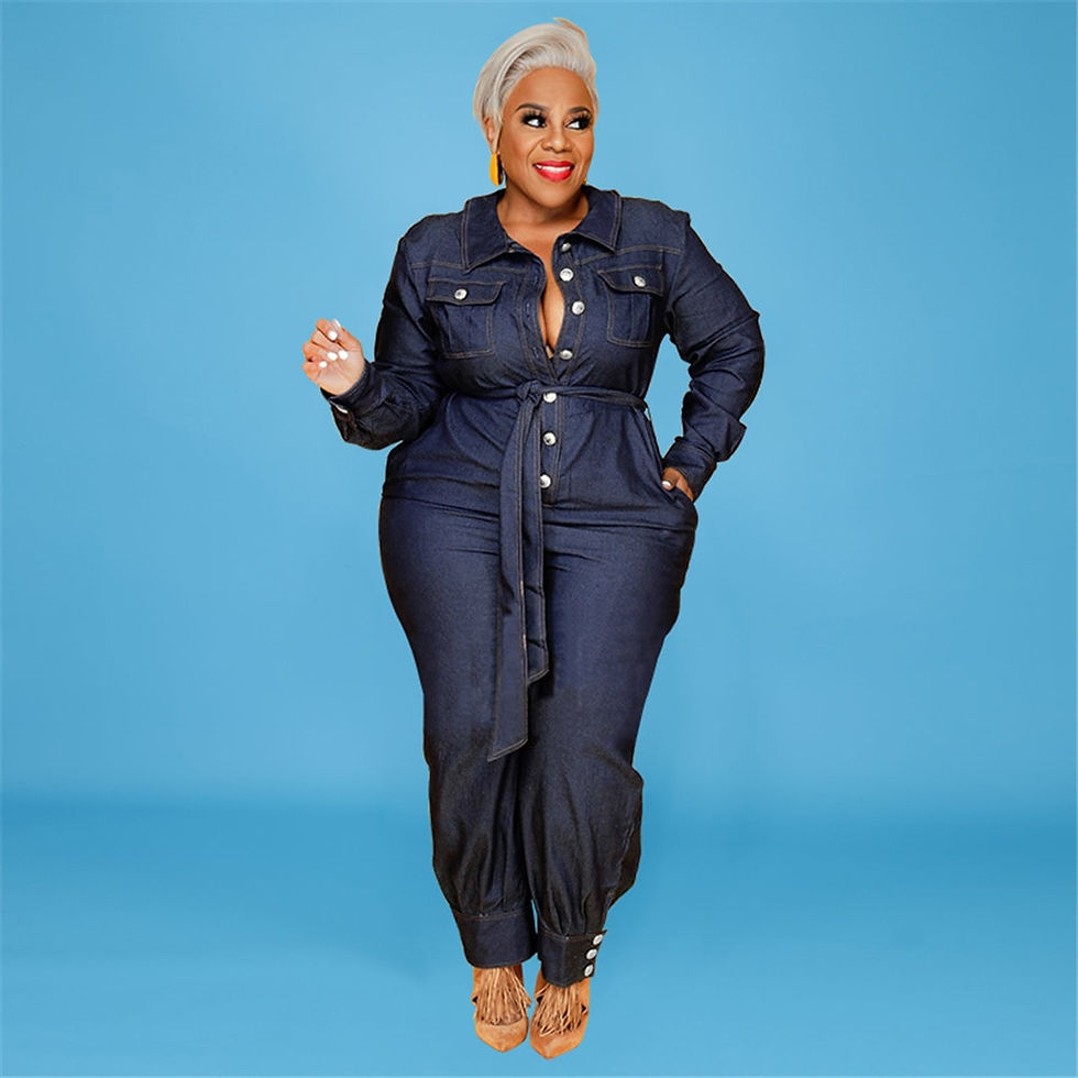 Thumbnail: Plus Size Clothes Street Wear Cowboy Jumpsuits Turn Down Collar Long Sleeve Poc