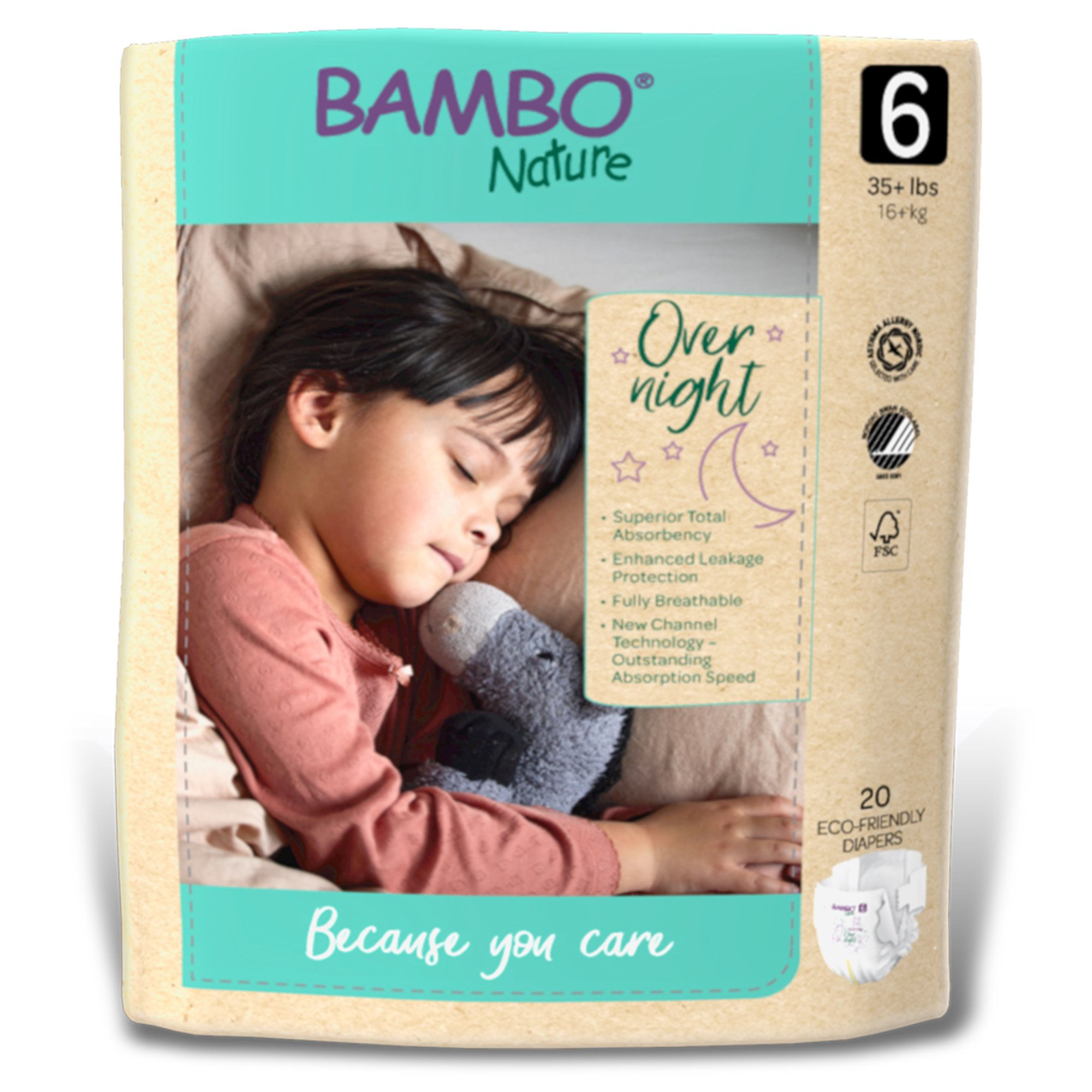 Bambo Nature Overnight Diapers, Eco-Friendly Disposable Baby Diapers - Size 6, 