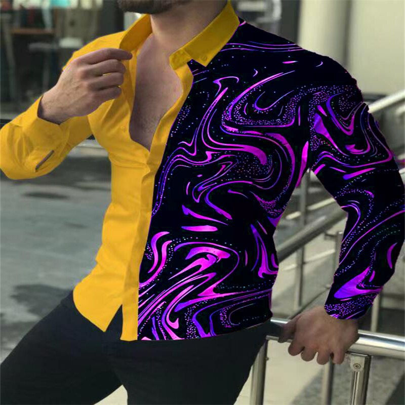 Thumbnail: Fashion Luxury Social Men Gold Purple Blue Lapel Button Down Shirt Casual Print