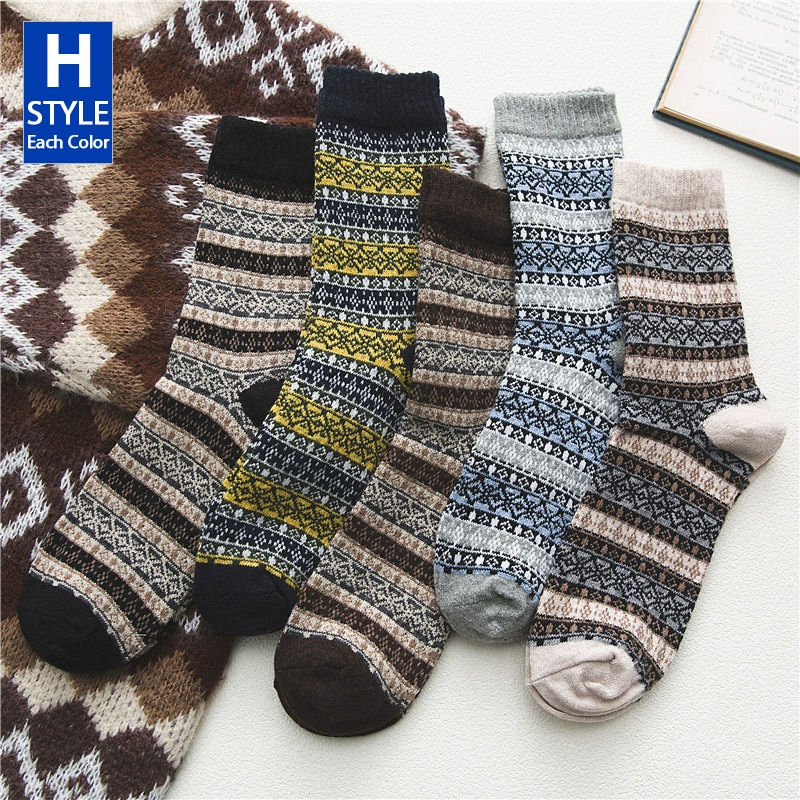 Thumbnail: HSS Brand 5 Pairs Winter Men's Socks Thicken Sheep's Wool Socks Warm Men Retro 