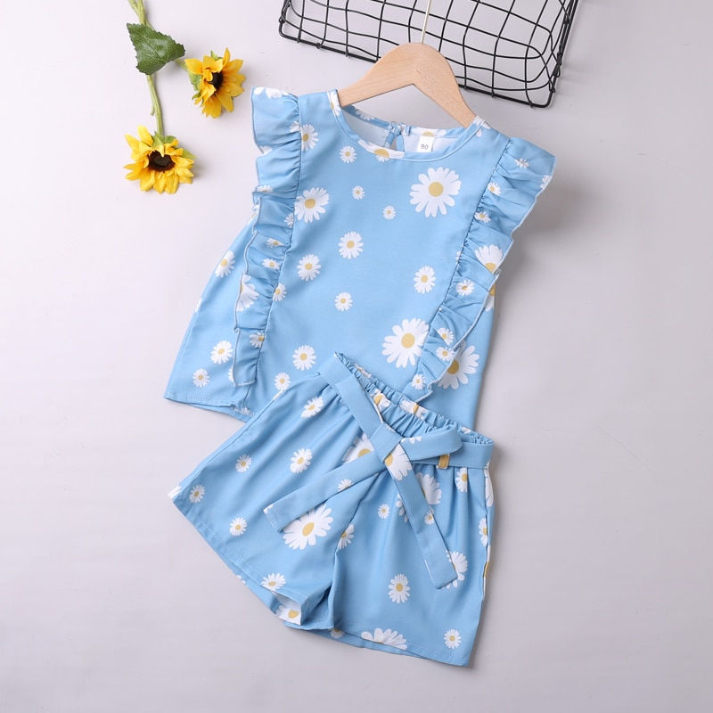 Thumbnail: Humor Bear Girls Clothing Suits Summer Children Clothing Flying Sleeve Top + Br
