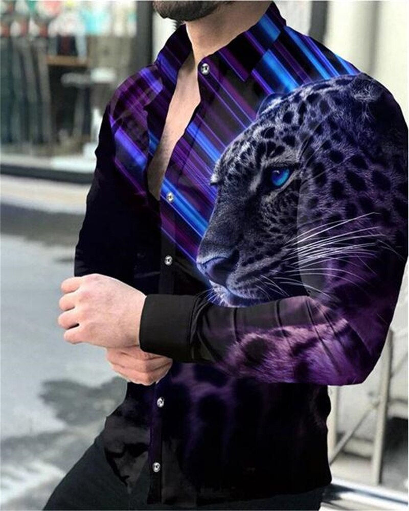 Thumbnail: Men's Party Gathering Planet Lion HD Graphic Men's Shirt Lapel Button Down Shir