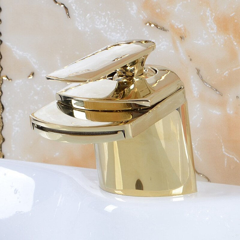 Thumbnail: Golden Black Chrome Waterfall Spout Basin Vessel Sink Faucet Deck Mount Brass H