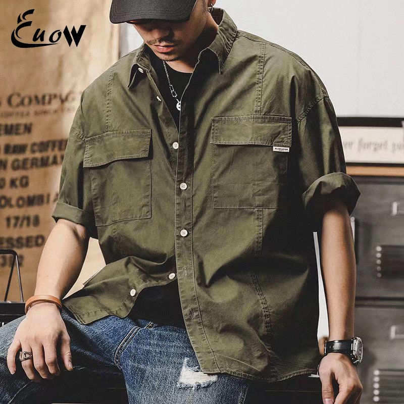 Thumbnail: EUOW American Summer Short-Sleeved Safari Style Men Shirt Loose Trendy Handsome