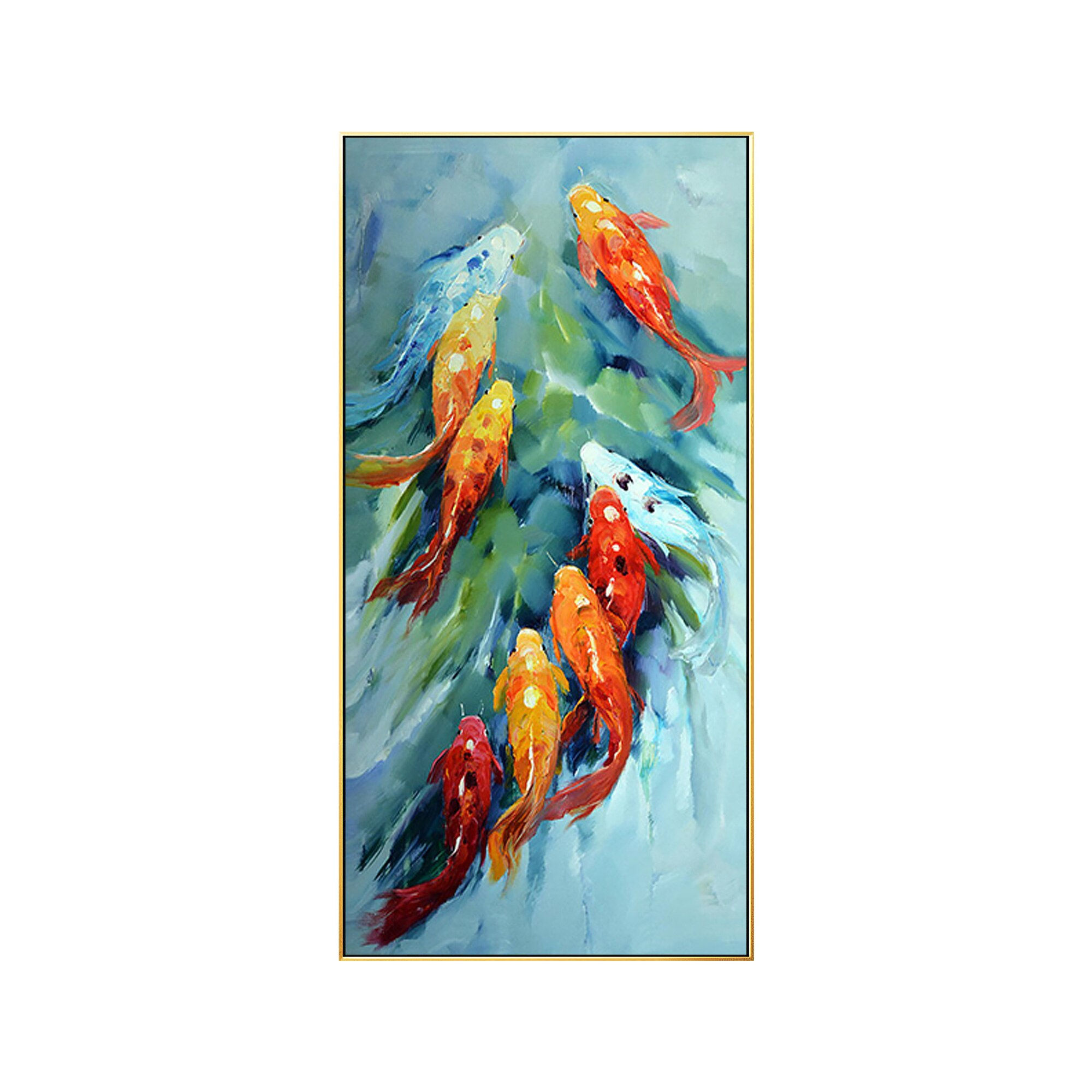 Koi Fish Painting Original Feng Shui Framed Wall Art Red Orange Koi Light Blue 