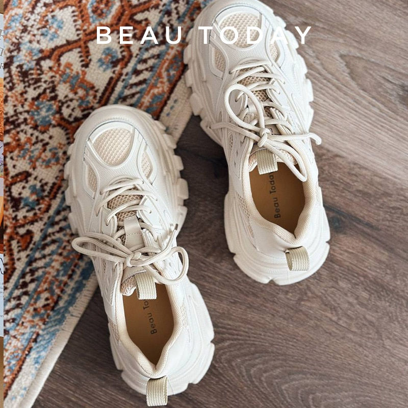 Thumbnail: BeauToday Chunky Sneakers Women Synthetic Leather Mesh Patchwork Round Toe Lace