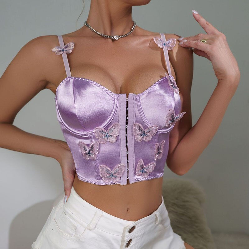 Thumbnail: Sexy Elegant Purple Butterfly Embroidery Push Up Tank Tops Lady Female Slim Bod