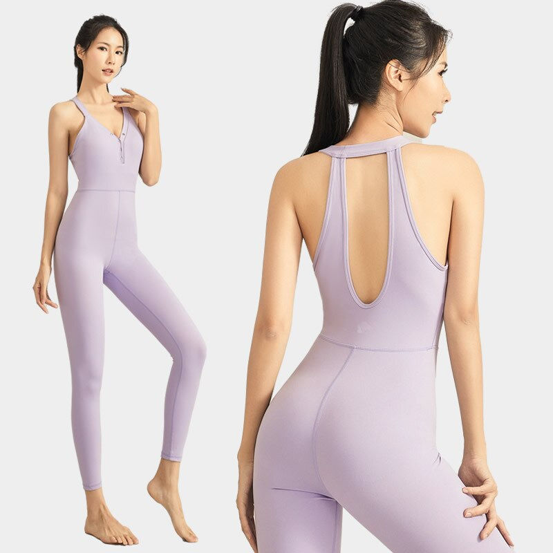Thumbnail: Sexy V-Neck Yoga Jumpsuits Women High Stretchy Bodysuits Hip Push Up Shockproof