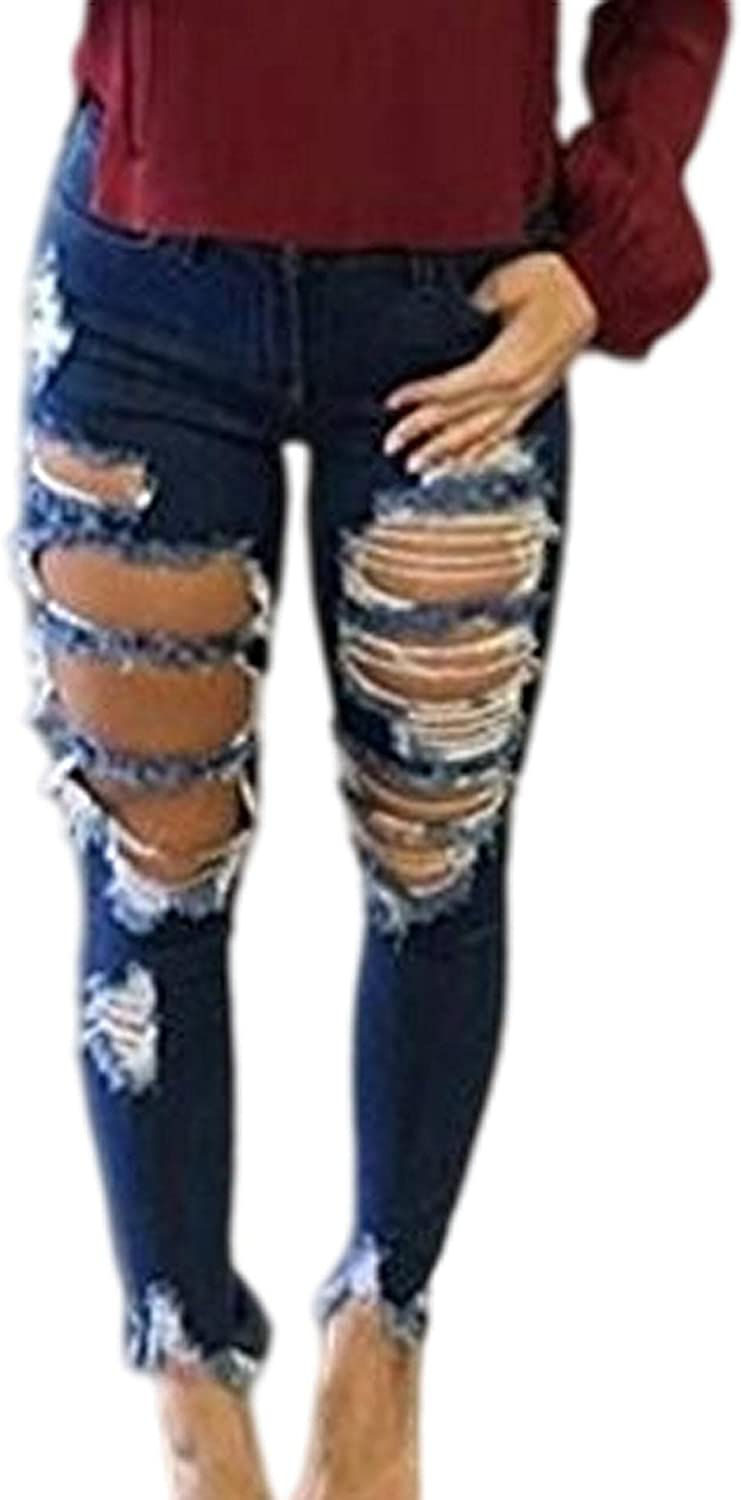 Thumbnail: Sexyshine Women's High Waisted Skinny Destroyed Ripped Hole Denim Pants Long St