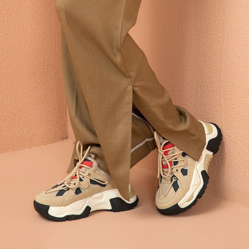 الصورة المصغرة: BeauToday Chunky Sneakers Women Synthetic Leather Mesh Mixed Colors Lace-Up Pla
