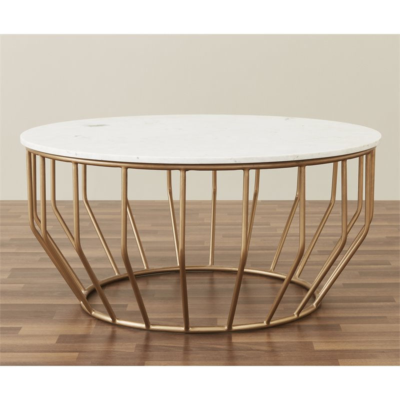 Miniaturbild: Mod-Arte Modern Iron Metal Coffee Table with Marble Top in White/Gold Leaf