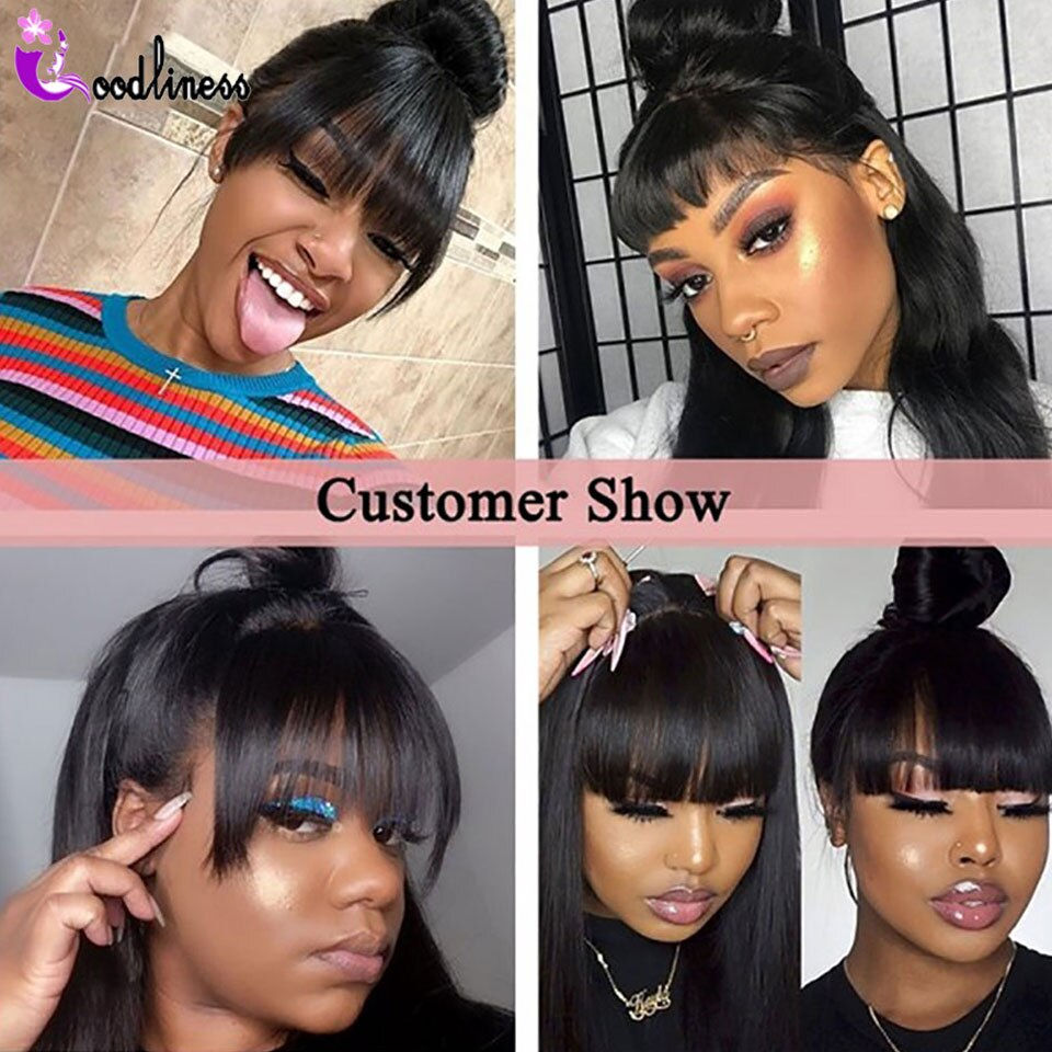 Thumbnail: Straight 13x4 Lace Front Human Hair Wigs With Bangs Natural Glueless Remy Human