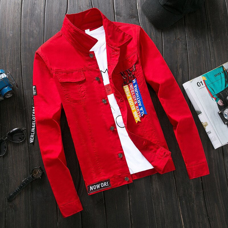 الصورة المصغرة: Spring 2020  Red Pink Black Jeans Jacket Men Slim Streetwear Ripped Denim Jacke