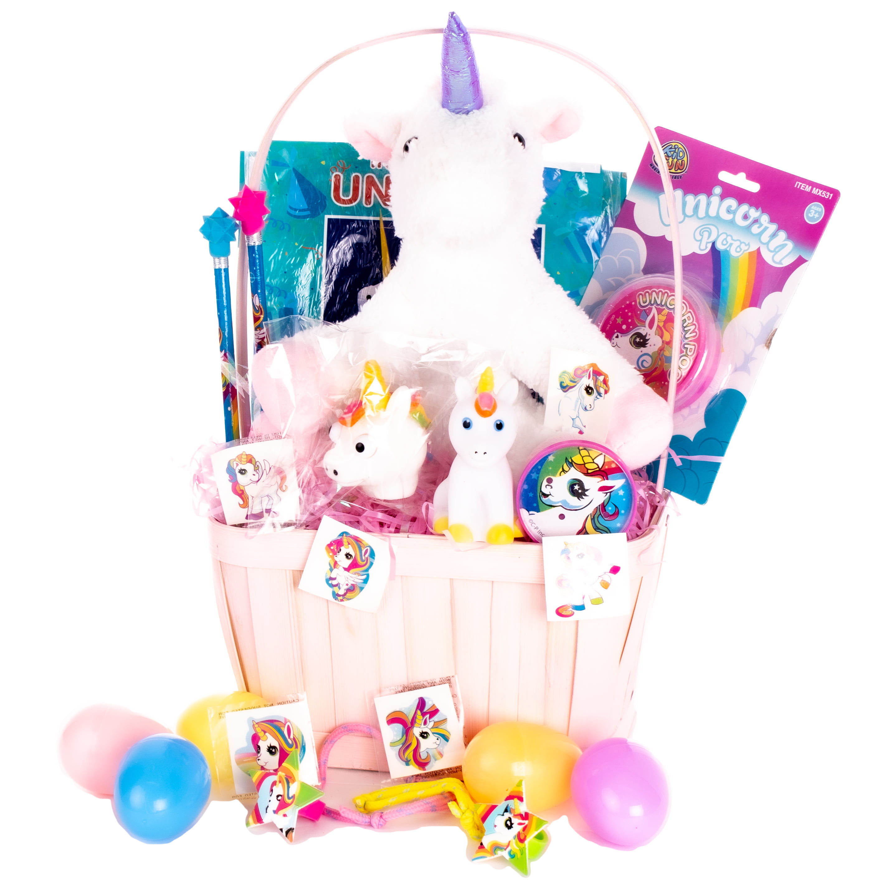 Mystical Unicorn Theme Filled Girls 31pc 18" Easter Basket Gift Set, White Pink