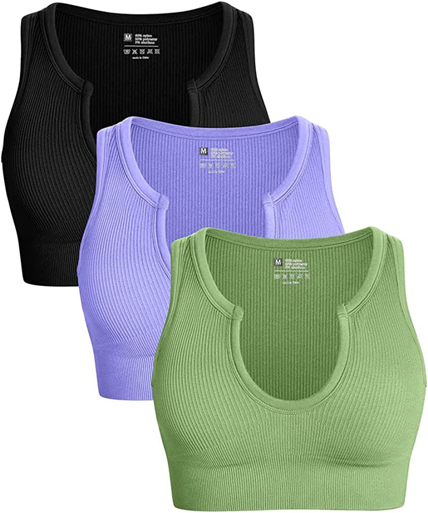 Thumbnail: OQQ Women's 3 Piece Medium Support Crop Top Seamless Ribbed Removable Cups Work