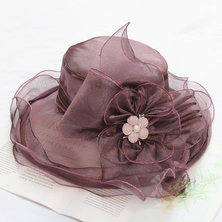 Thumbnail: New Women Elegant Summer Organza Hat Bow Flower Sun Hat Wide Brim Fascinator We