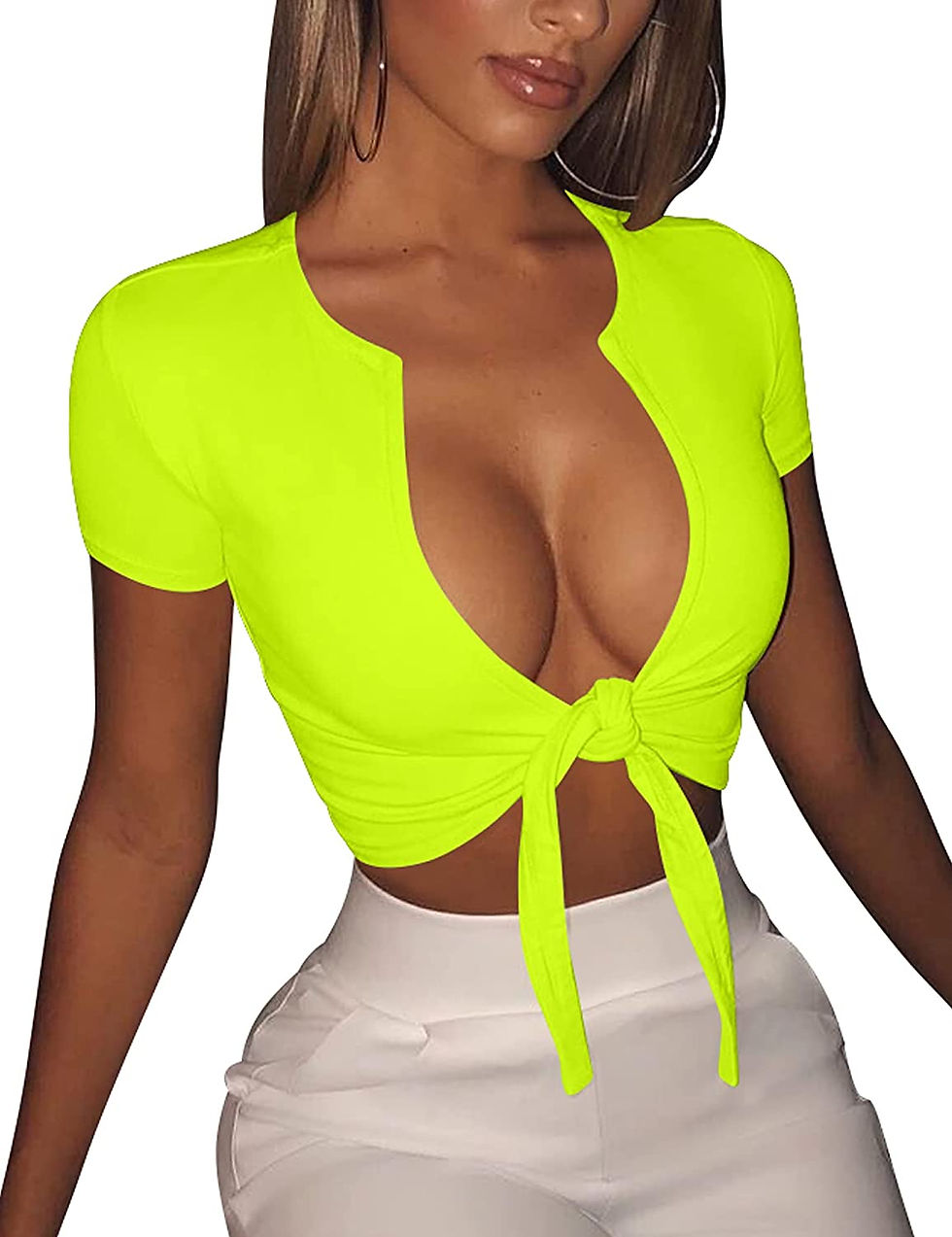Thumbnail: BORIFLORS Women's Sexy Tie Up Crop Top Short Sleeve Deep V Neck Casual Basic T 