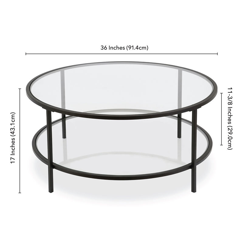 Миниатюра: Pemberly Row Two Shelf Round Metal Base Coffee Table in Black with Glass Top