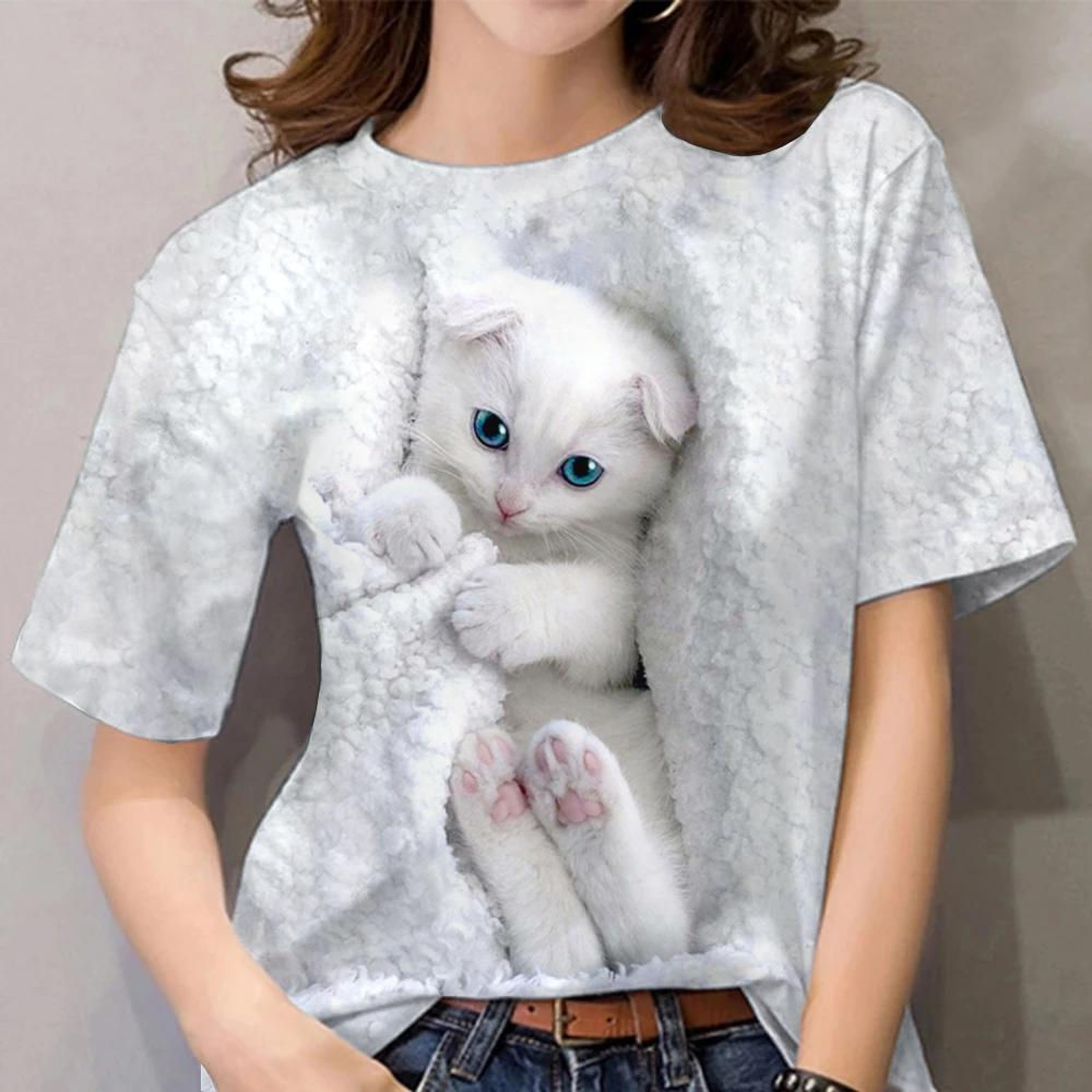 Fashion Womens T-shirt 3D Kawaii Cat Print Tees Tops 2022 New Harujuku Animal S