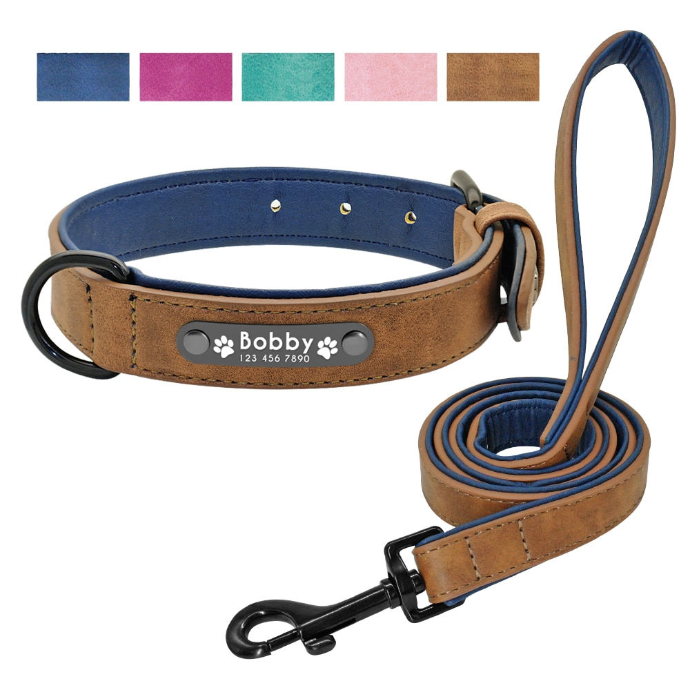 Leather Dog Collar Set Customized Dogs 2 Layer Leash for Small Medium Large Dogs