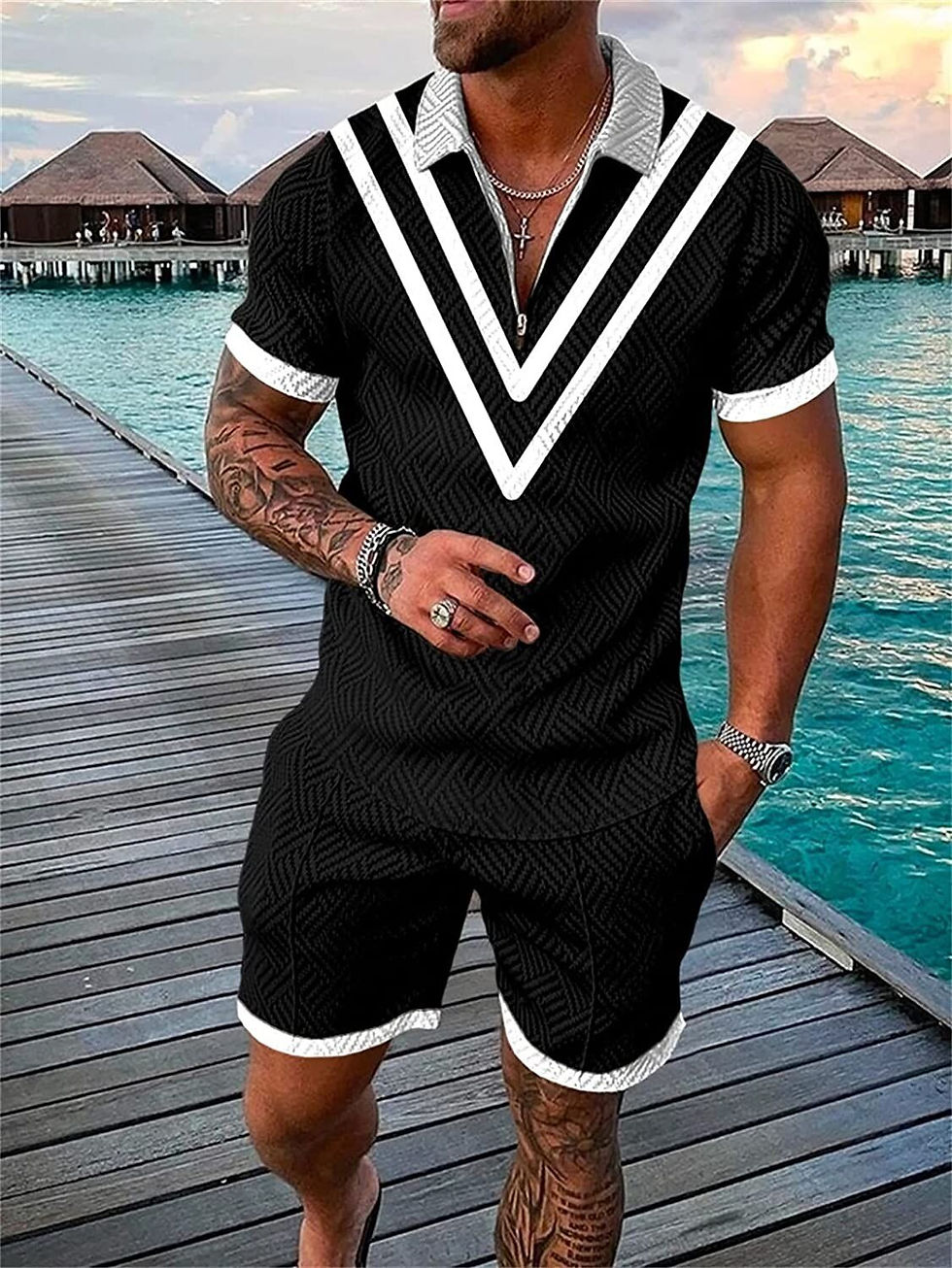 Thumbnail: Men's Polo Suit Fashion Men Sets Mens Solid Color Summer V-neck Zipper Short Sl