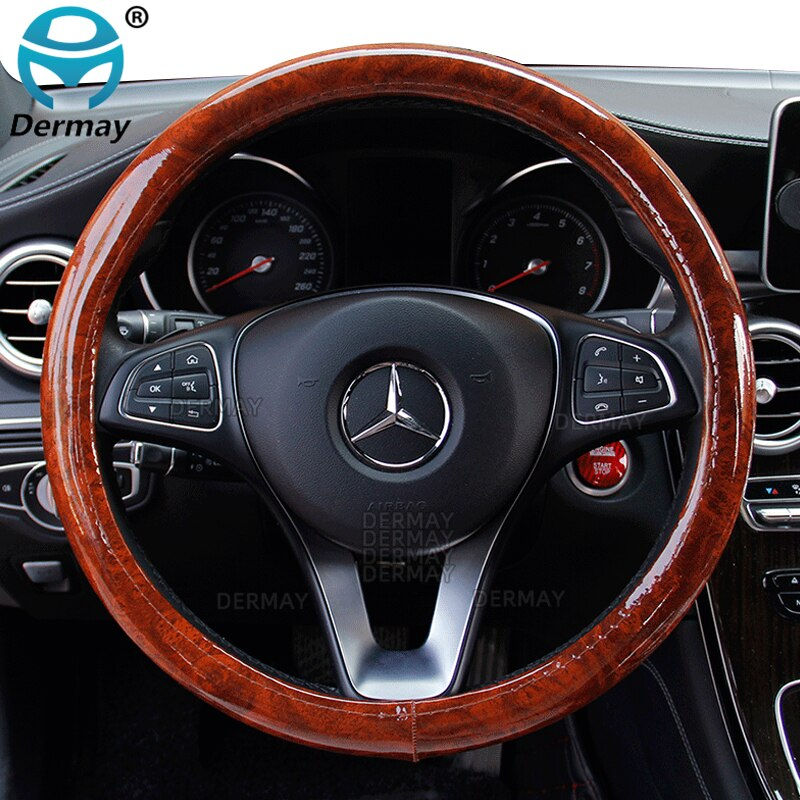 Miniature : Universal Auto Car Steering Wheel Cover Mahogany Wood Leather Fit 37-38cm Wheel